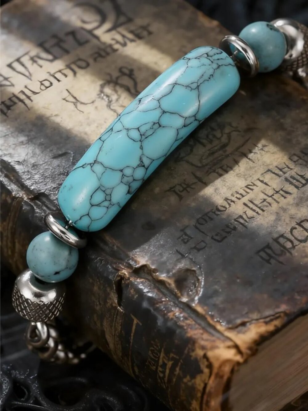 Boho Southwestern Turquoise & Stainless Steel Adjustable Bracelet